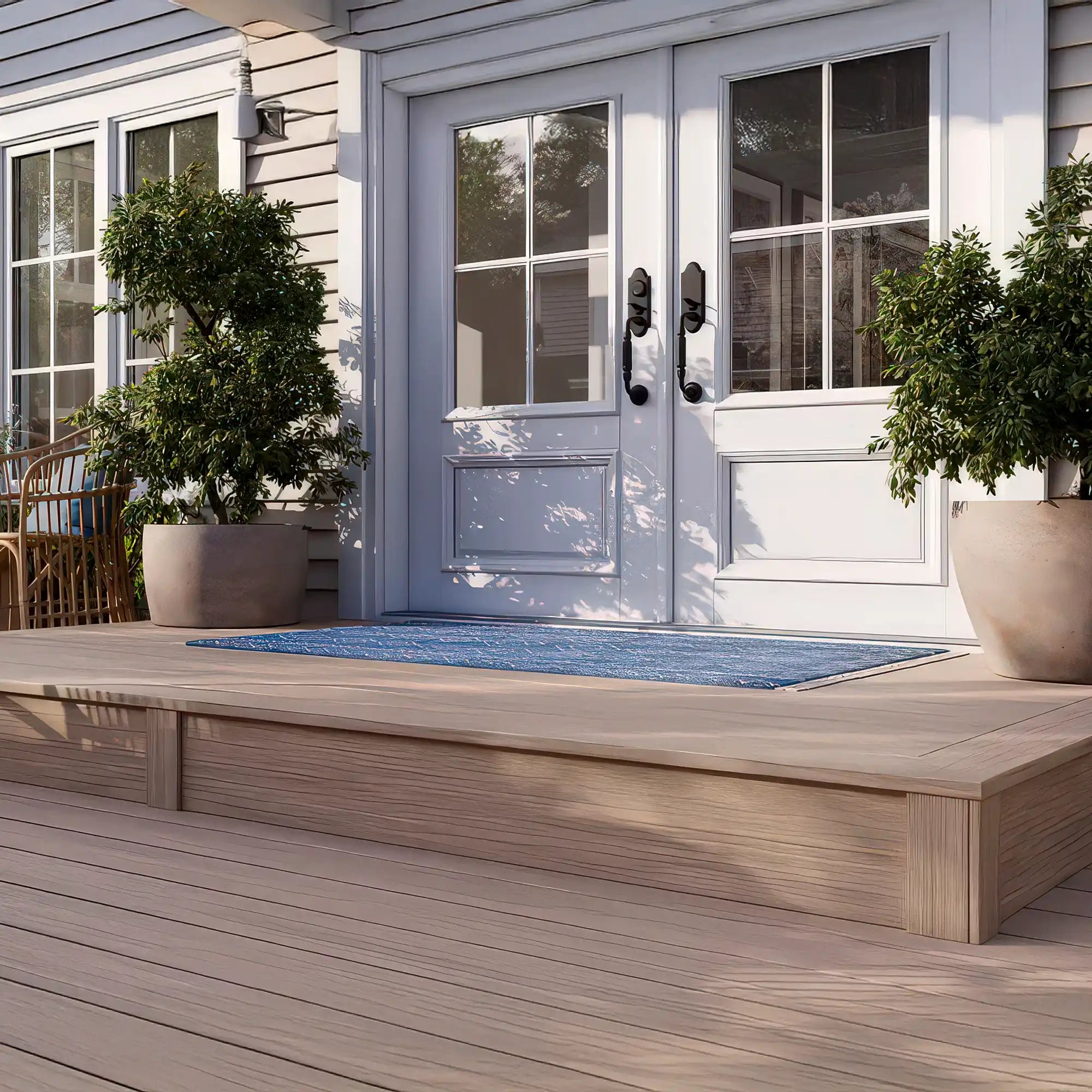 Trex Select G2 composite decking in light grey installed on a residential terrace with white French doors and potted plants.