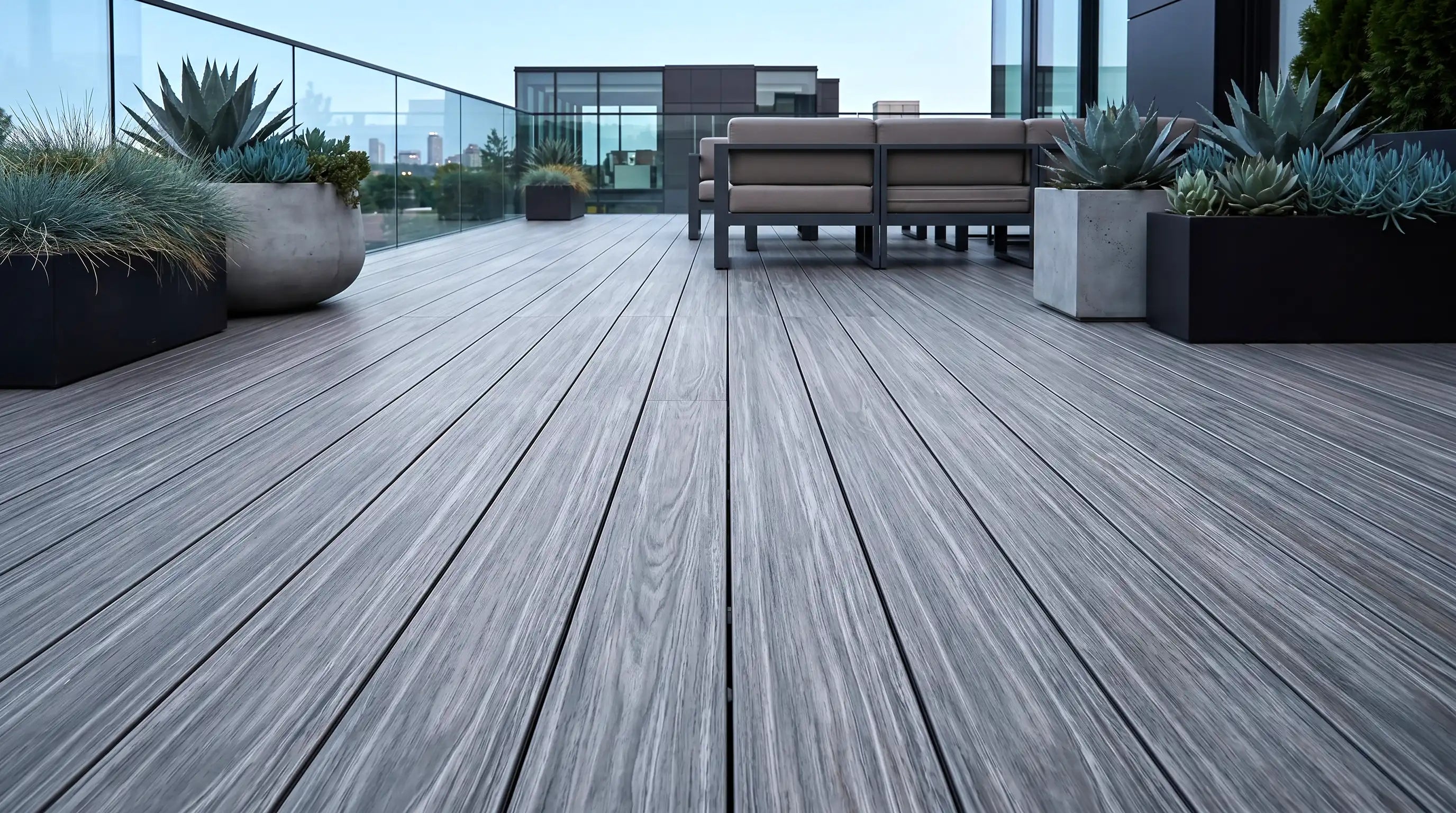 TIVADEK Reserve Series PVC decking in Smoked Gin color with photo print wood grain texture