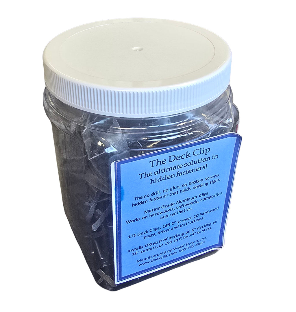 The Deck Clip hidden fasteners kit by Wood Haven with marine grade aluminum clips and screws.