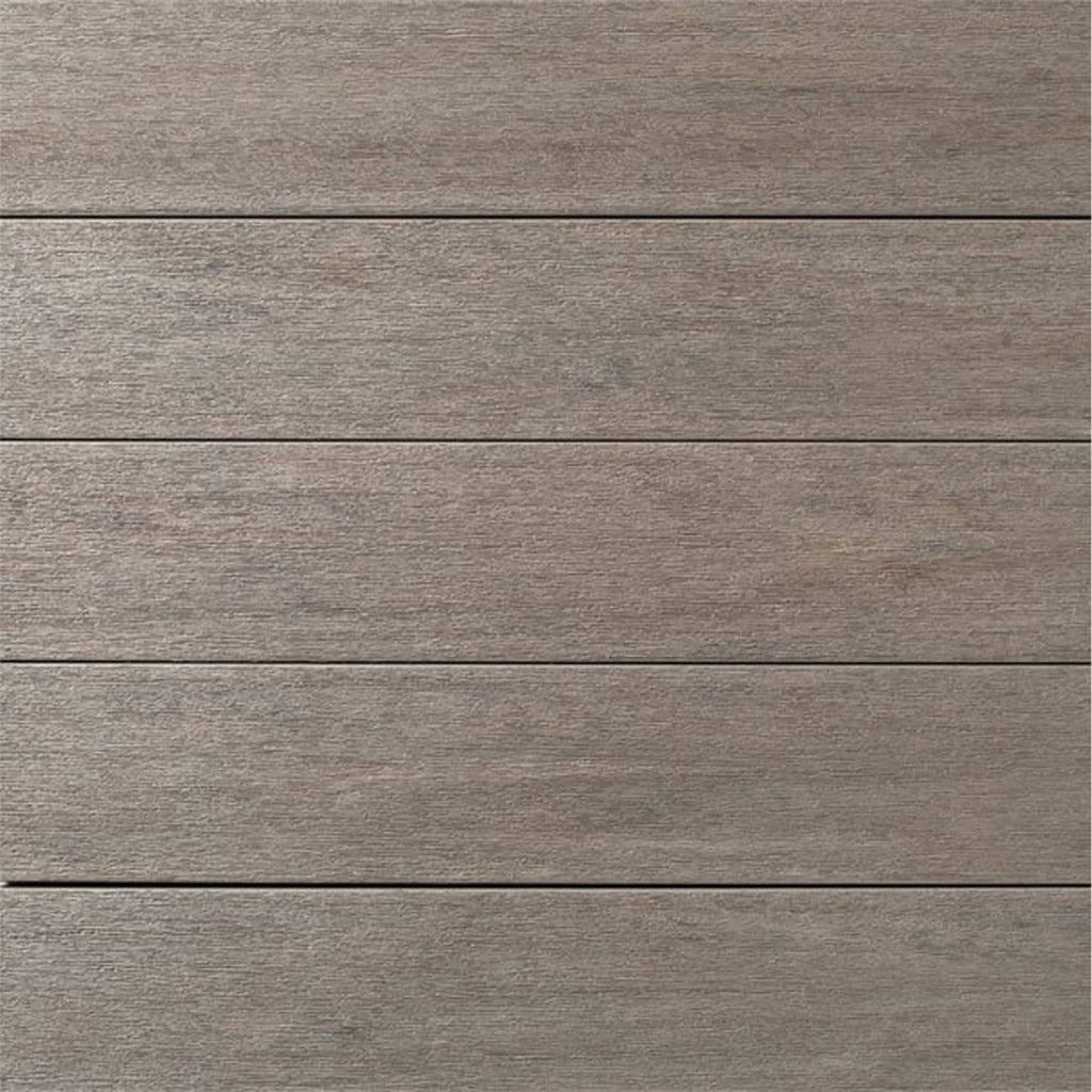 Close-up texture of AZEK Porch Coastline showing a soft silver-grey wood grain with a seamless tongue and groove interlocking design. Shop at Deck Outlet!