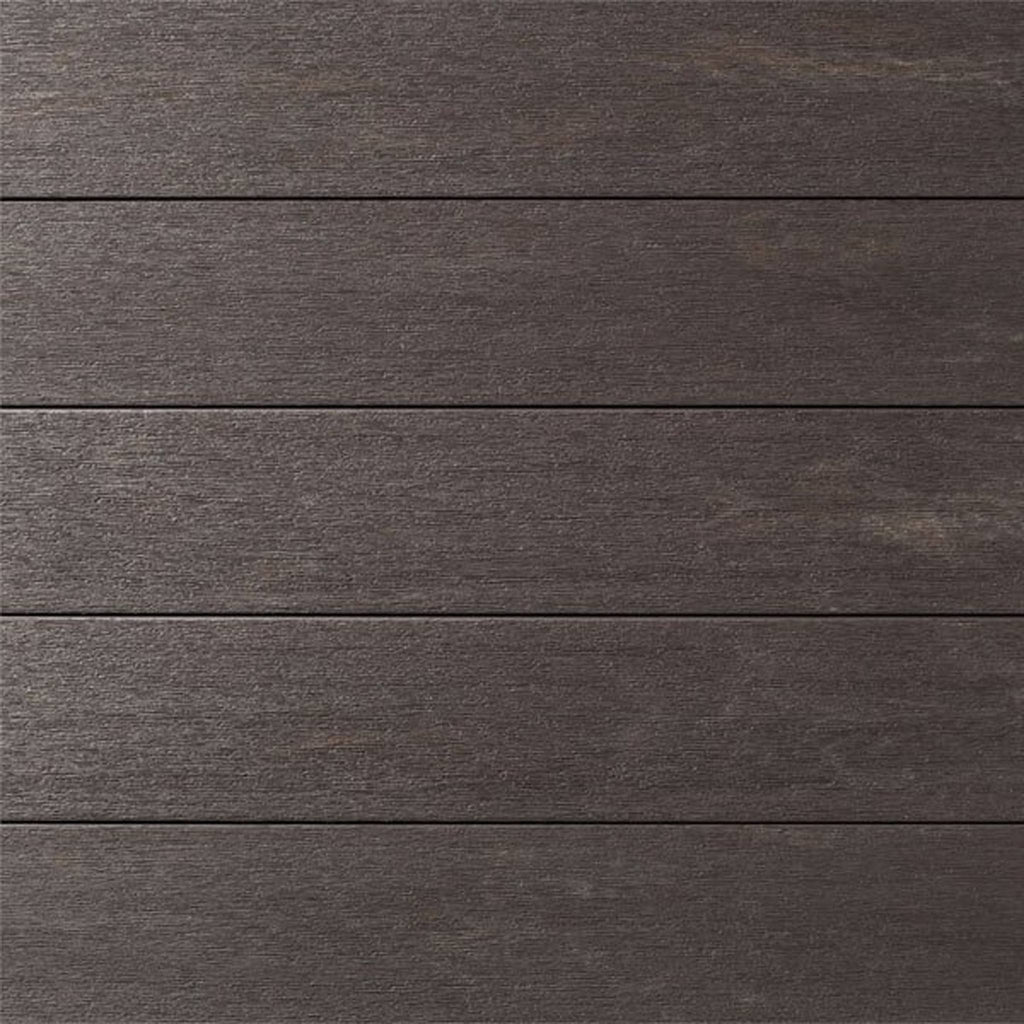 Close-up texture of AZEK Porch Dark Hickory showing a deep, multi-tonal brown finish with a seamless tongue and groove design. Shop at Deck Outlet!