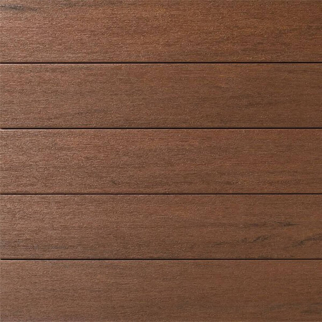 Close-up texture of AZEK Porch Mahogany showing a rich reddish-brown wood grain with a seamless tongue and groove interlocking design. Shop at Deck Outlet!