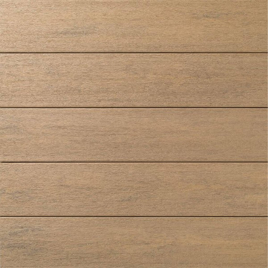 Close-up texture of AZEK Porch Weathered Teak showing a warm brown wood grain with a seamless tongue and groove interlocking design. Shop at Deck Outlet!
