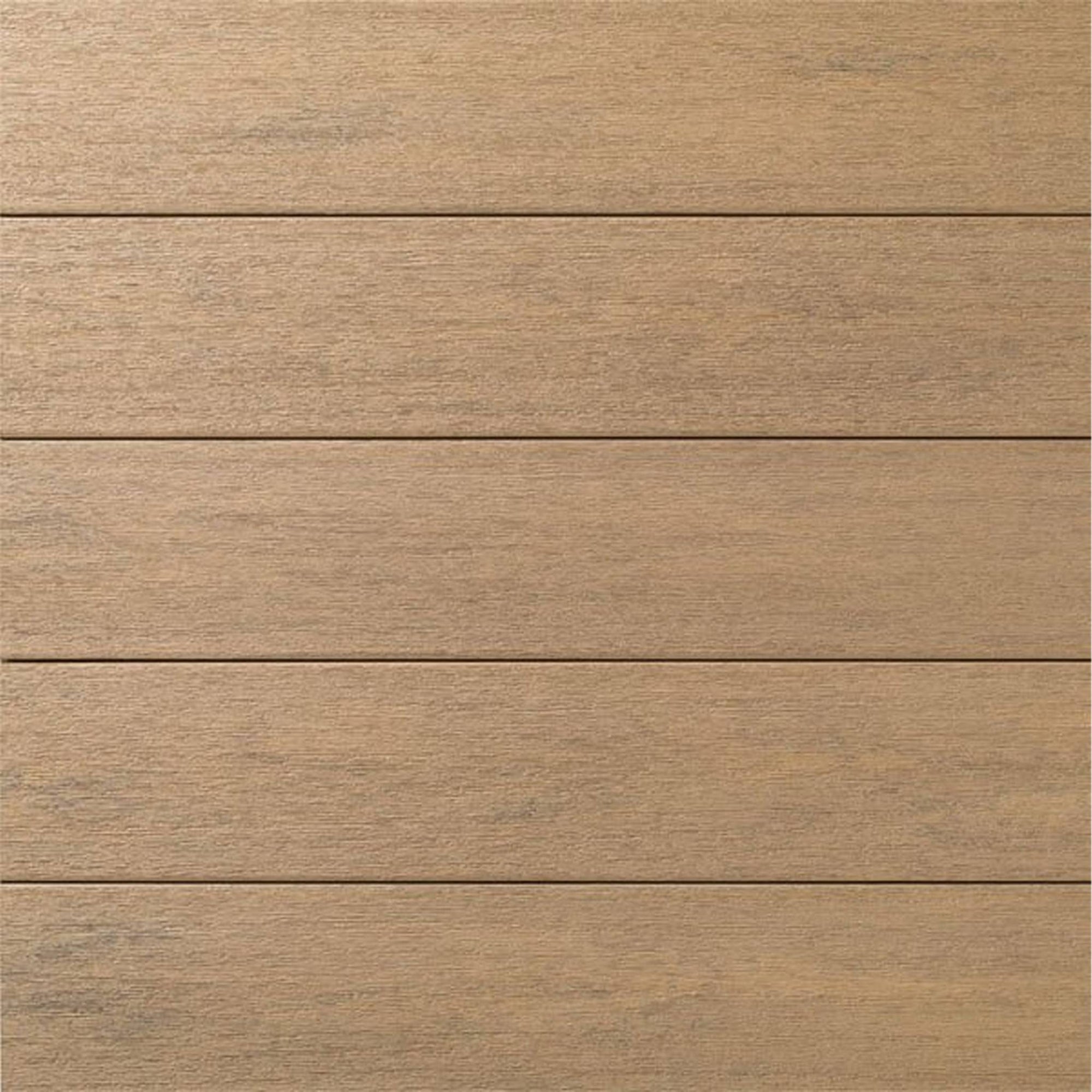 Close-up texture of AZEK Porch Weathered Teak showing a warm brown wood grain with a seamless tongue and groove interlocking design. Shop at Deck Outlet!
