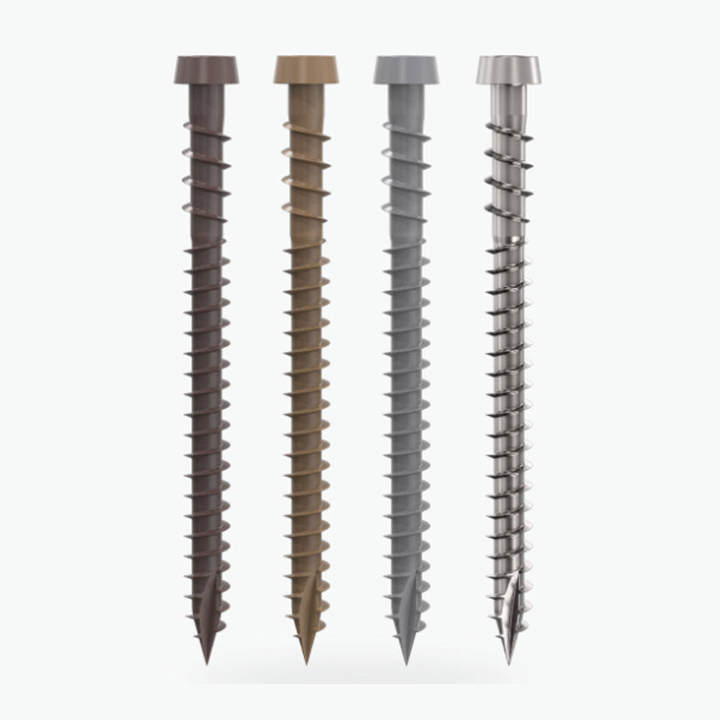 Close-up view of four different color-matched Camo deck screws: Brown, Tan, Grey, and Silver