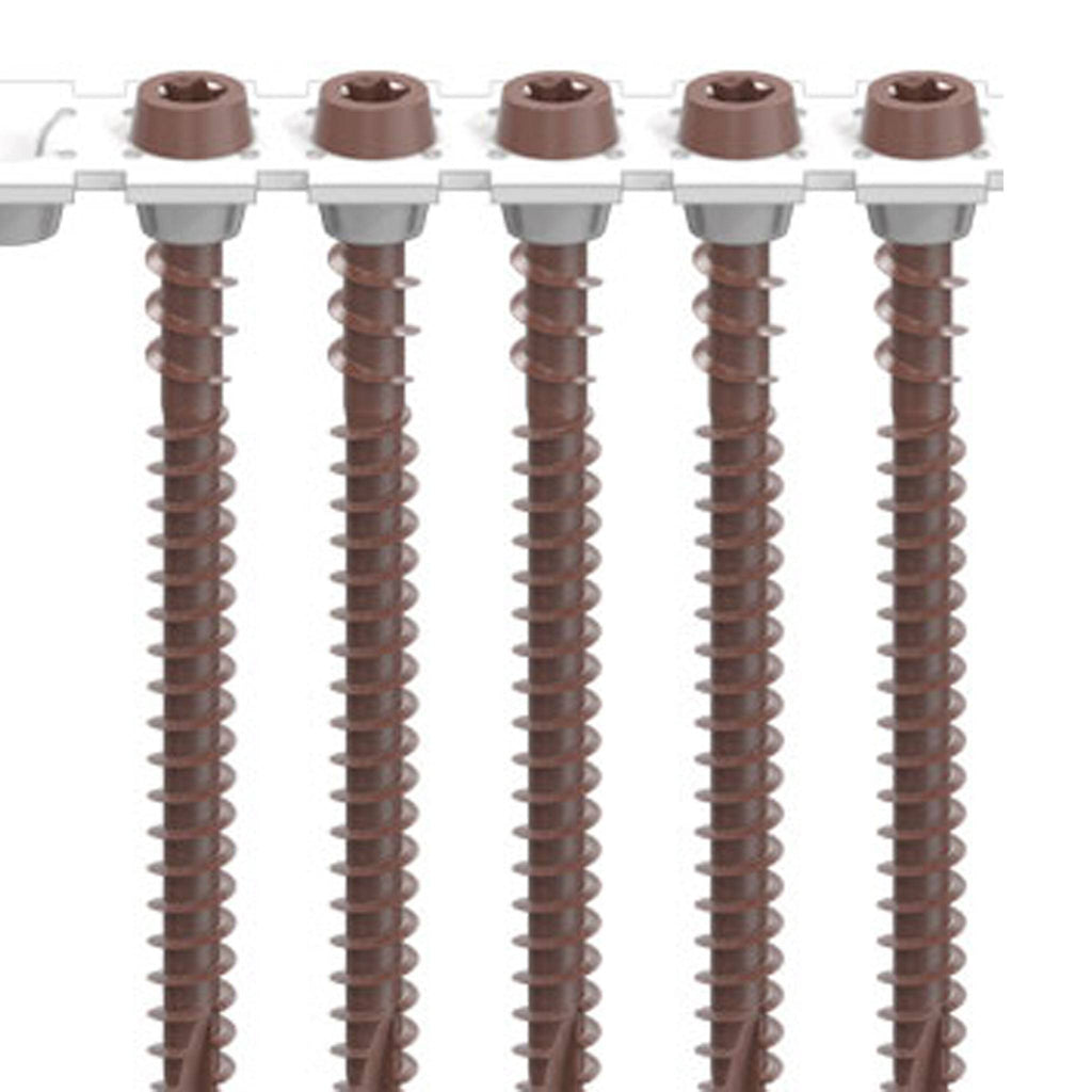 Brown Camo collated deck screws in a white plastic strip for face-fastening composite decks