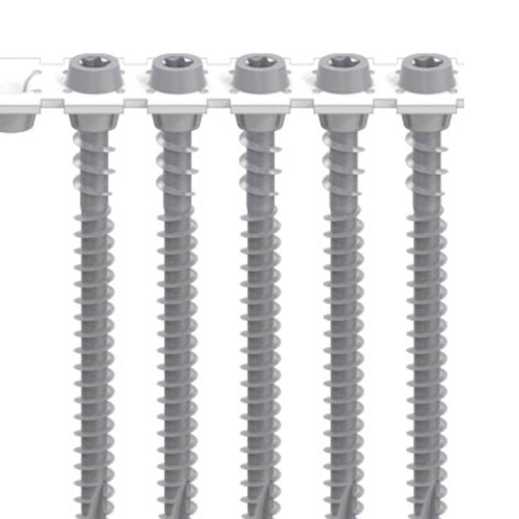 Grey Camo collated composite deck screws with color-matched heads in a collated strip
