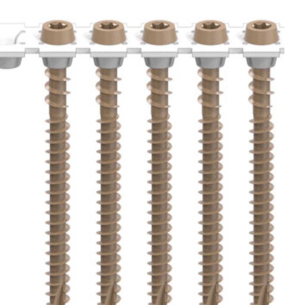 Tan collated deck screws from Camo for face-fastening composite and PVC decking with a clean finish