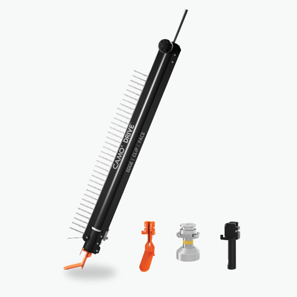 CAMO DRIVE Stand-Up Tool with three interchangeable nose pieces for Edge, Face, and Clip deck fastening.