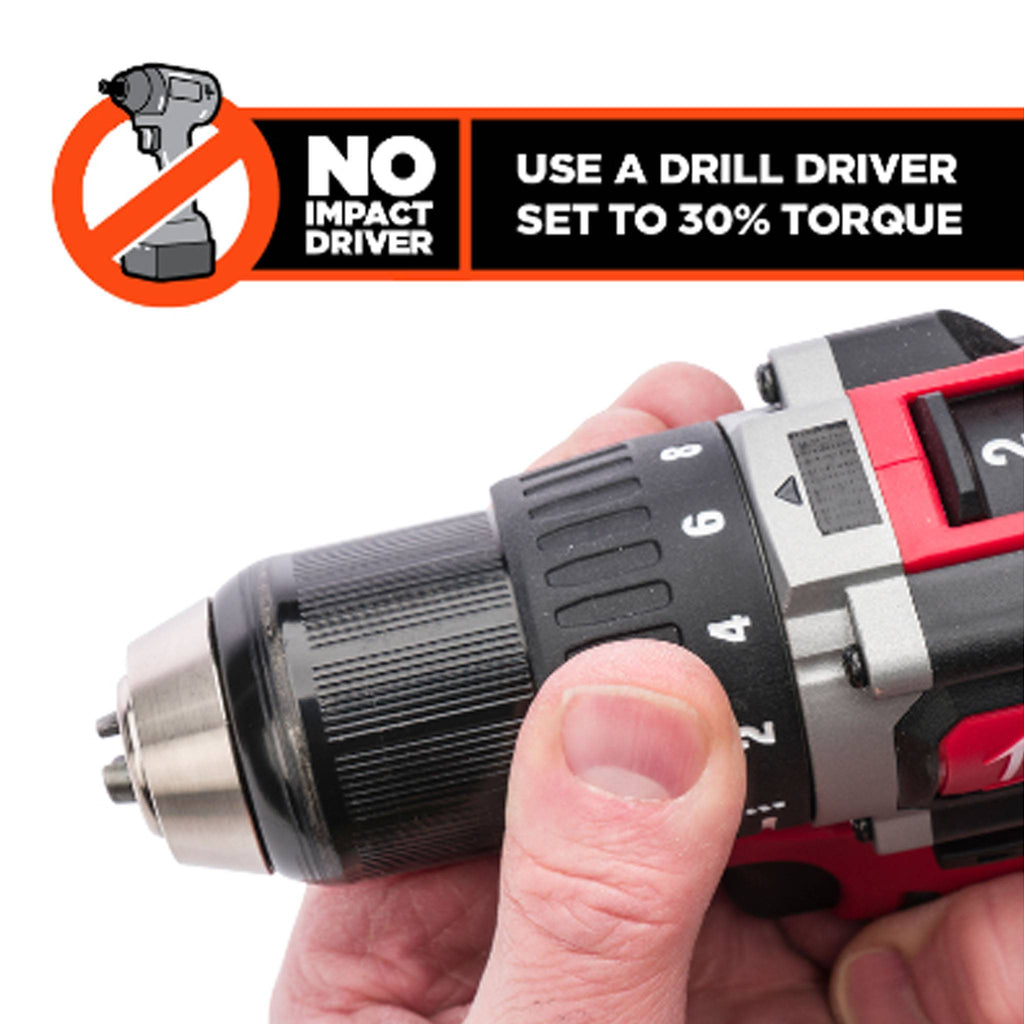 Connecting the CAMO DRIVE tool to a standard power drill; note: not compatible with impact drivers.