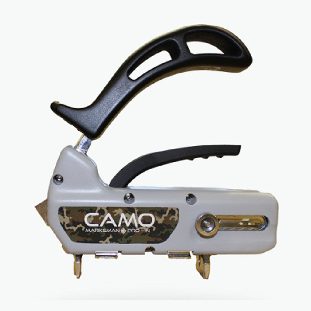 CAMO Marksman PRO-NB hidden deck fastening tool for narrow boards, featuring dual screw guides and adjustable base for 3-1/4 to 5-inch decking.