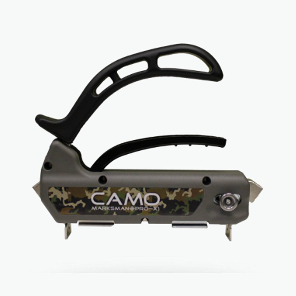 CAMO Marksman PRO-X1 professional deck tool with dual screw guides for hidden fastening and ultra-tight 1/16-inch board spacing.