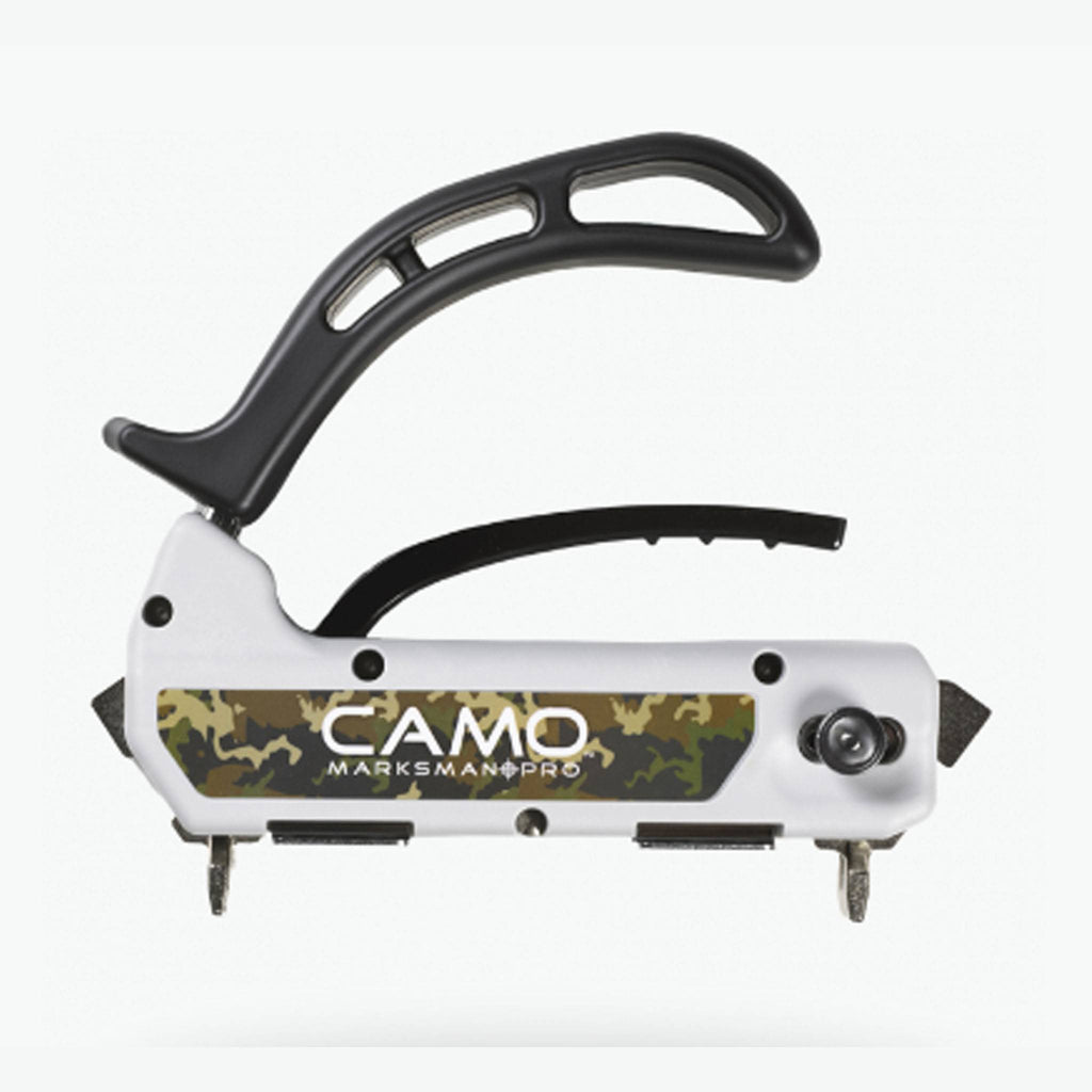 CAMO Marksman PRO hidden deck fastening tool with dual screw guides and adjustable spacers for 1/16-inch board gaps.