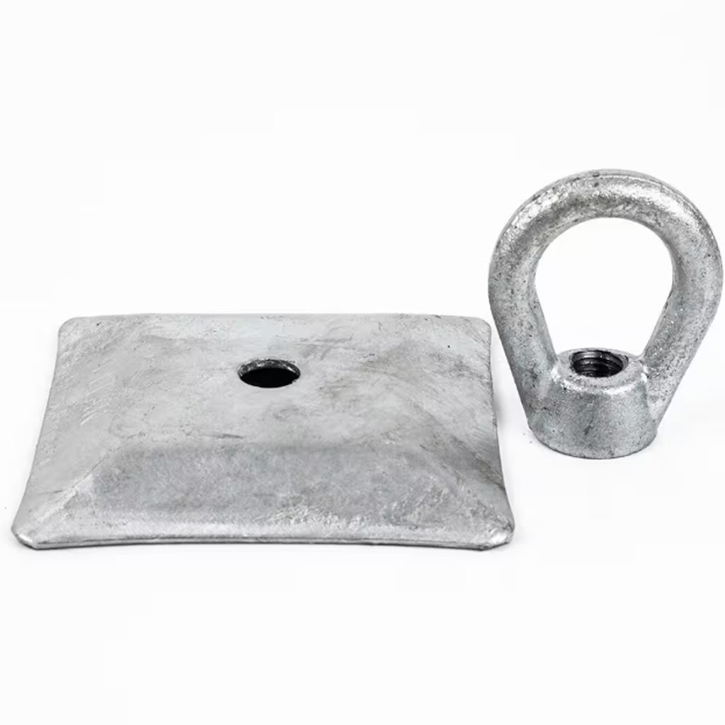 TITAN Tie Down Ground Anchor featuring a square cap plate and threaded eye nut on a white background