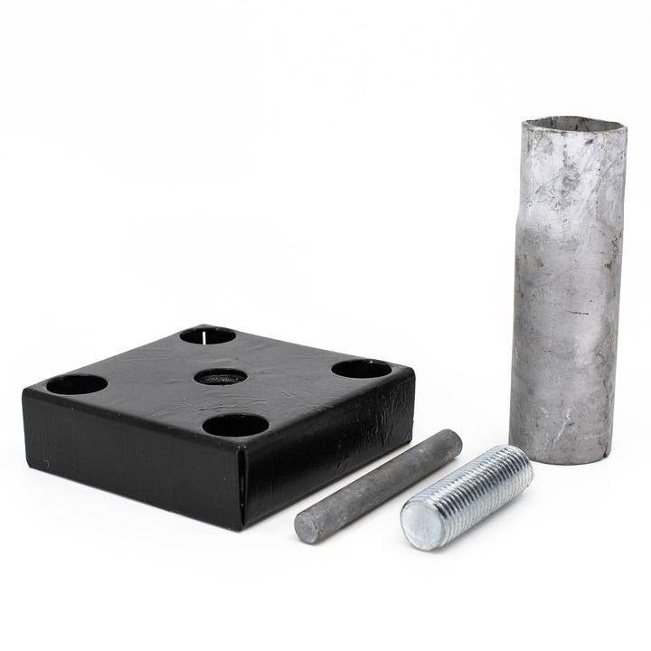 TITAN Compression Post Base components including a black metal base, galvanized sleeve, threaded rod, and pin on a white background.