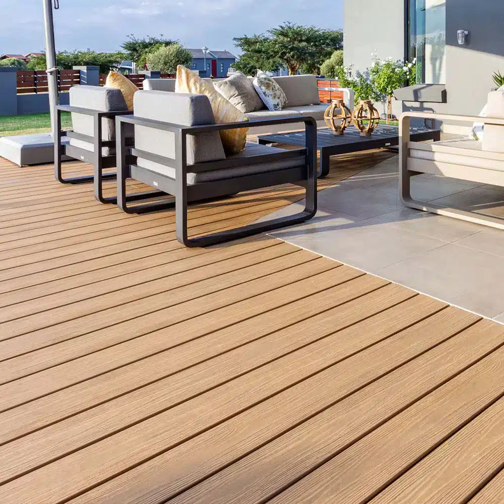 VA-LAST APEX Plus Oasis decking board, formerly Himalayan Cedar, bamboo-reinforced foamed-PVC with realistic warm cedar woodgrain finish.