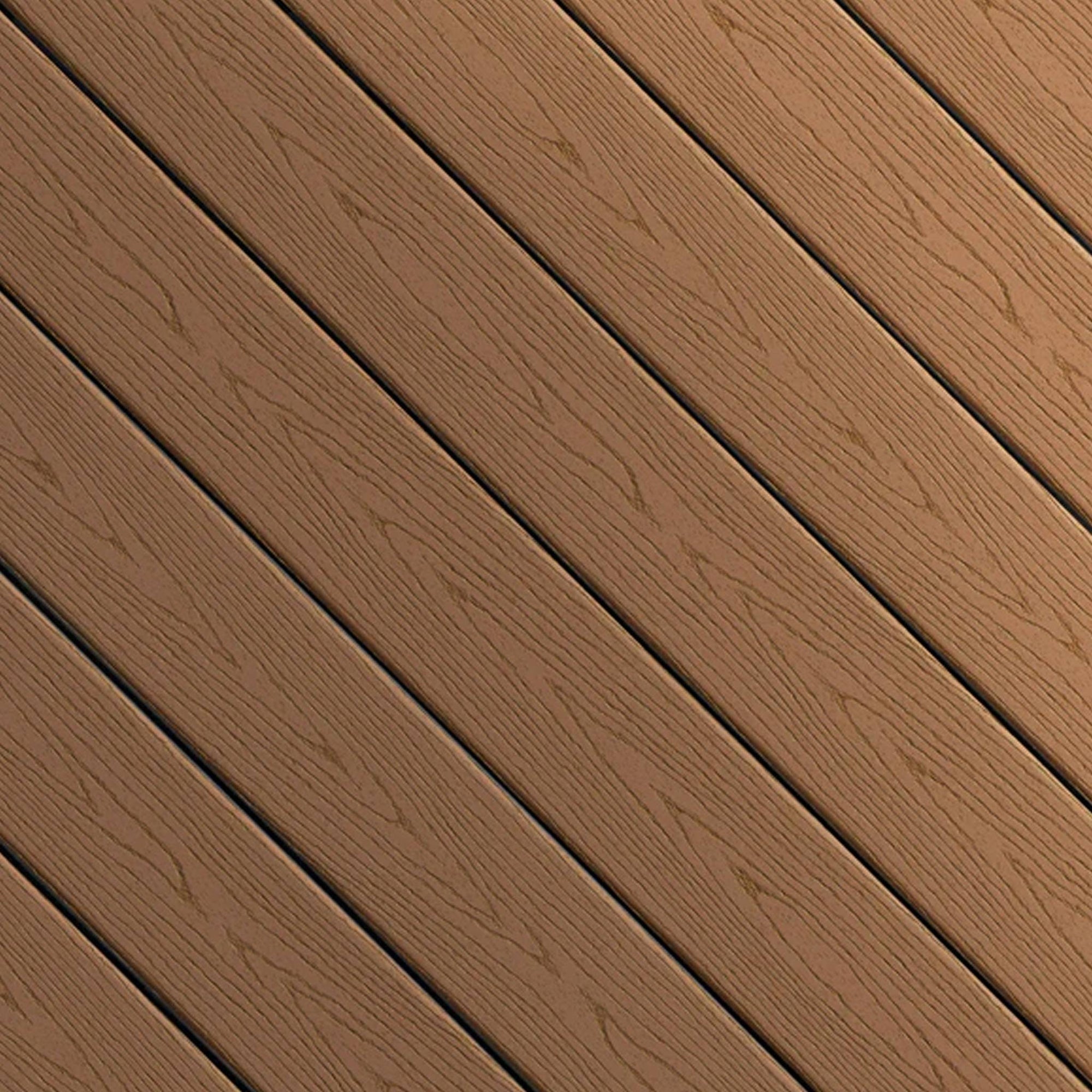 Close-up of Fiberon GoodLife Cabin composite decking board from the Weekender Series, showing its solid chestnut brown wood-grain texture and protective cap.