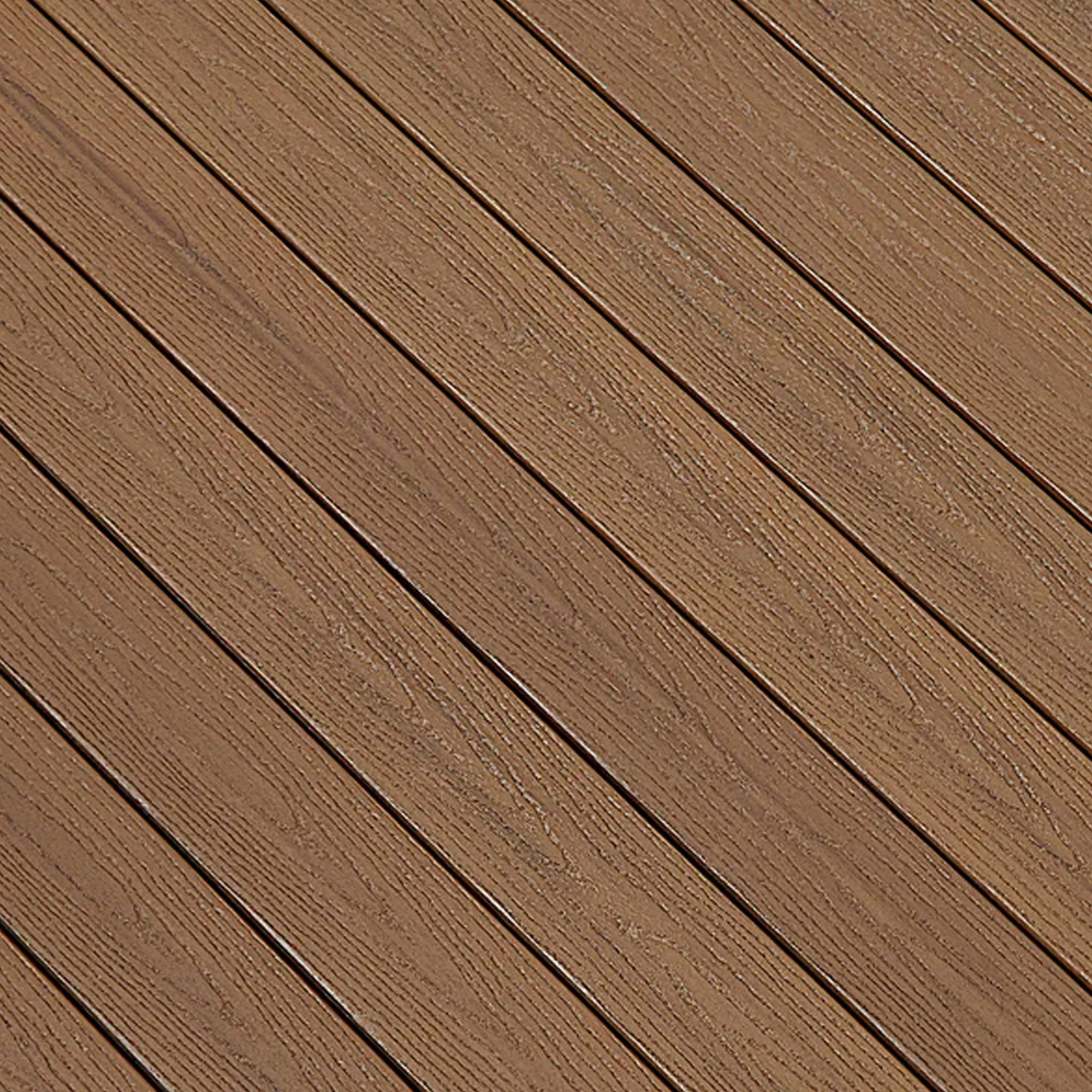 Close-up of Fiberon GoodLife Tuscan Villa composite decking board, showing its rich multi-tonal Mediterranean brown texture and protective cap layer.