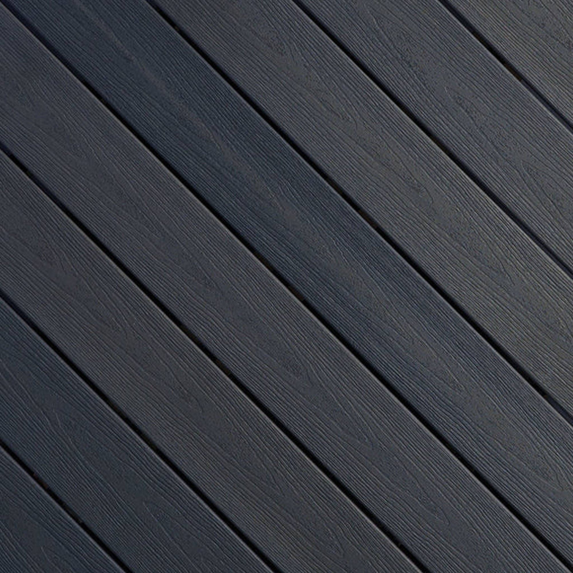 Close-up of Fiberon Sanctuary Earl Grey composite decking, showcasing its cool multi-tonal gray grain and rustic embossed surface texture.