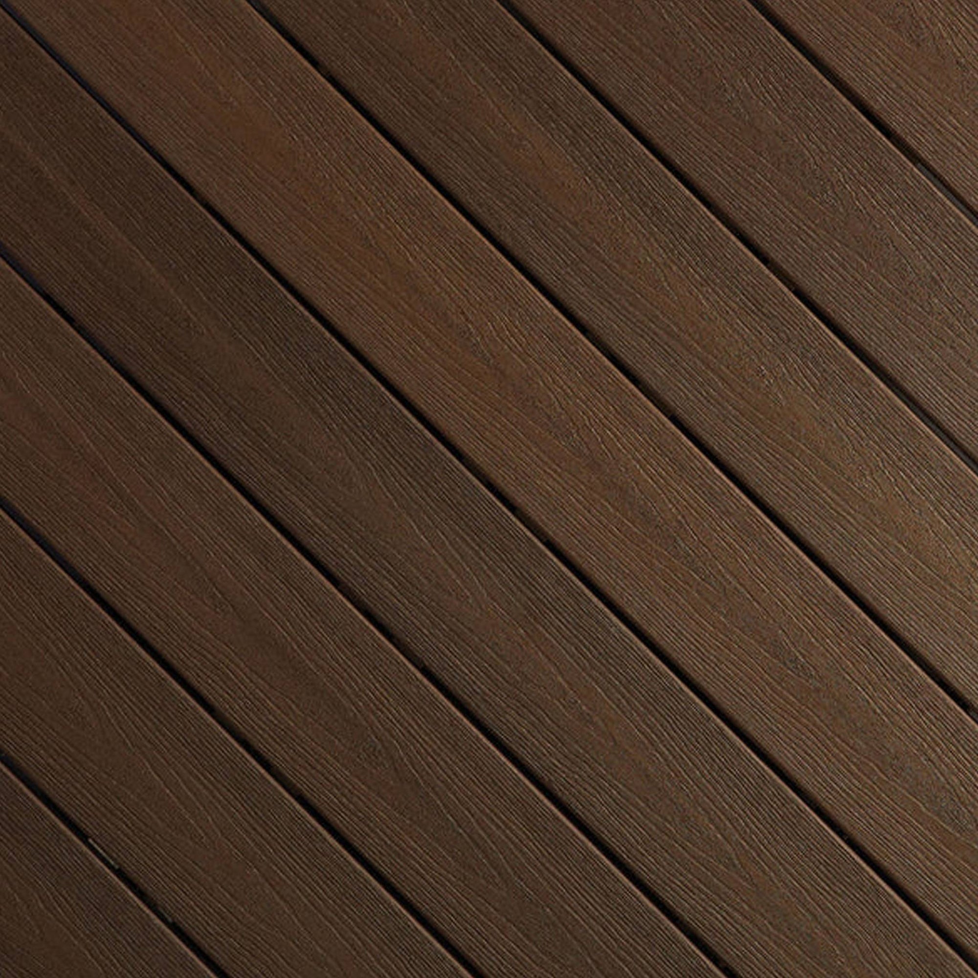 Close-up of Fiberon Sanctuary Espresso composite decking, showcasing its deep coffee-brown multi-tonal grain and rustic embossed surface texture.