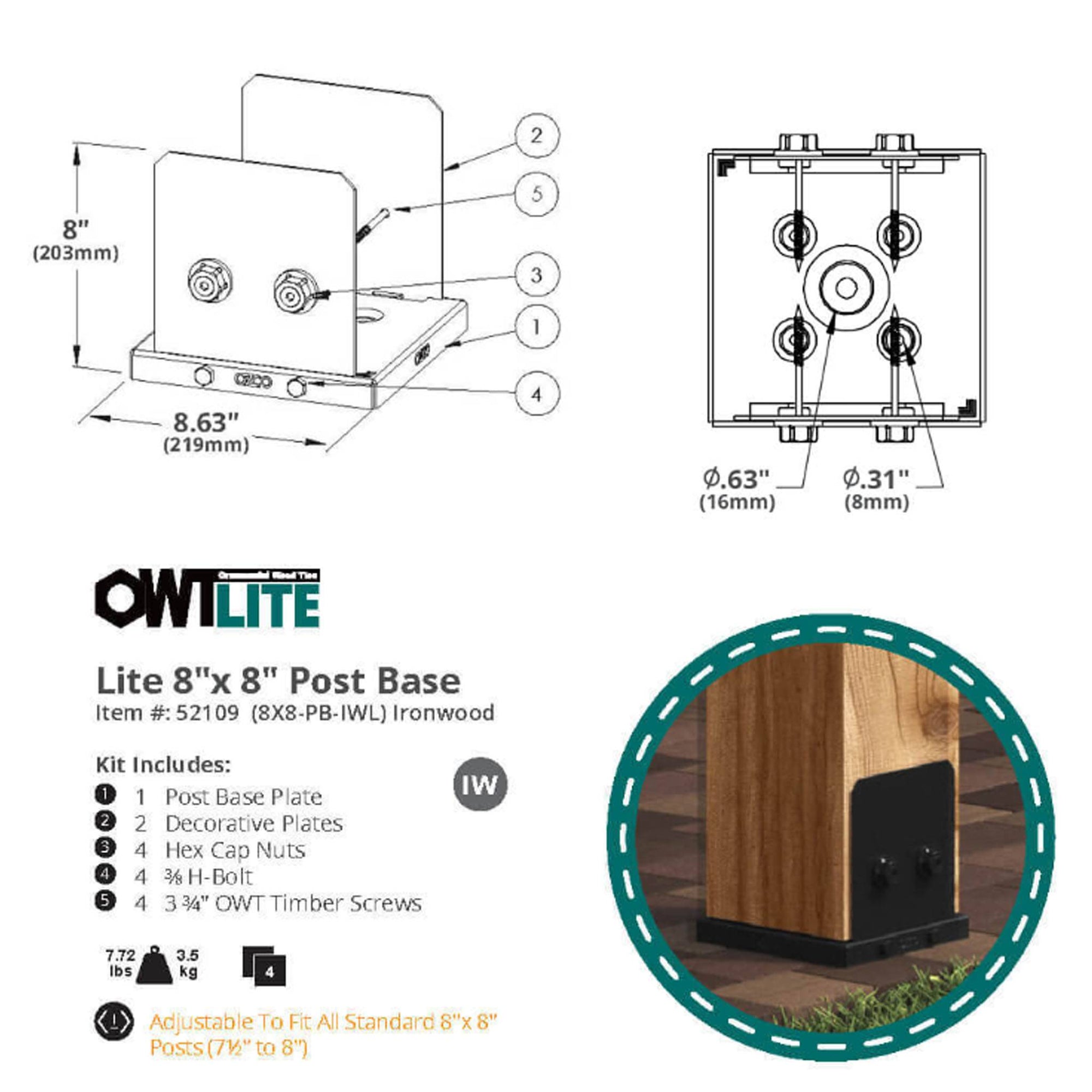 OZCO OWT 8×8 Post Base OWT-Lite – Ironwood