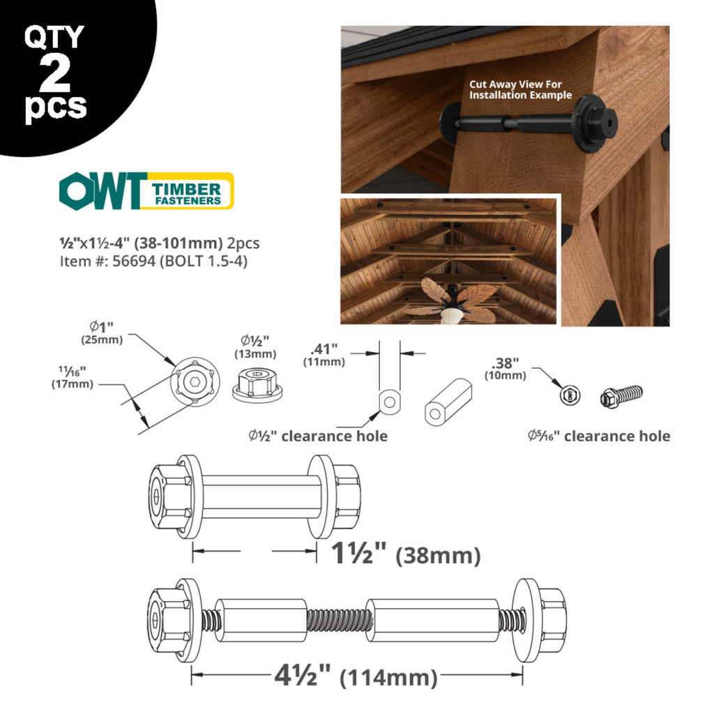 OZCO 1/2 inch OWT timber bolts dimensions and installation specification diagram