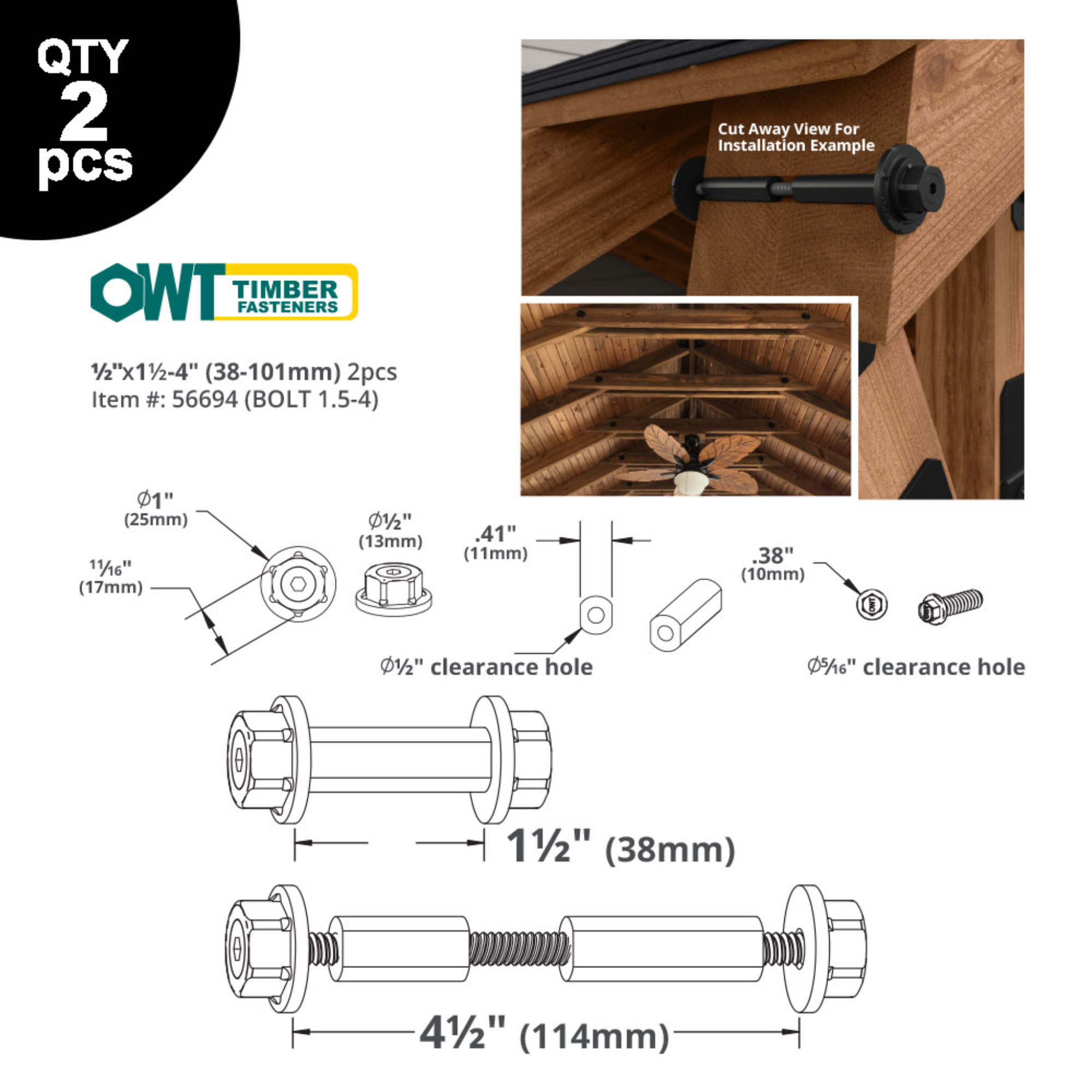 OZCO 1/2 inch OWT timber bolts dimensions and installation specification diagram