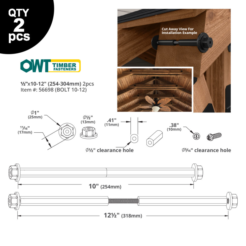OZCO 1/2 inch OWT timber bolts size and installation specifications chart