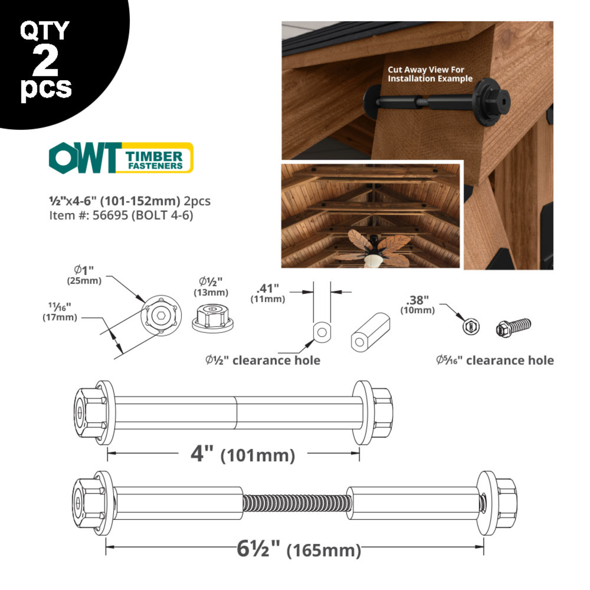 OZCO 1/2 inch OWT timber bolts size dimensions and installation reference diagram