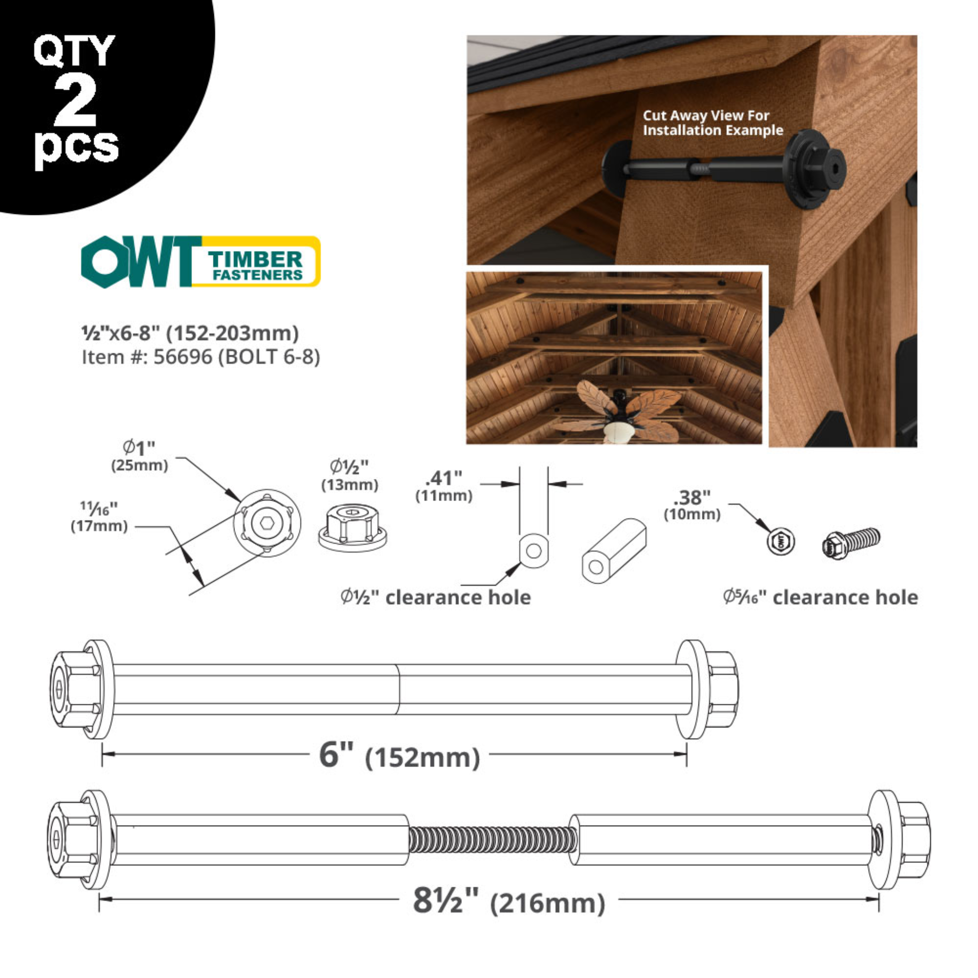 OZCO 1/2 inch OWT timber bolts dimensions and installation specification diagram
