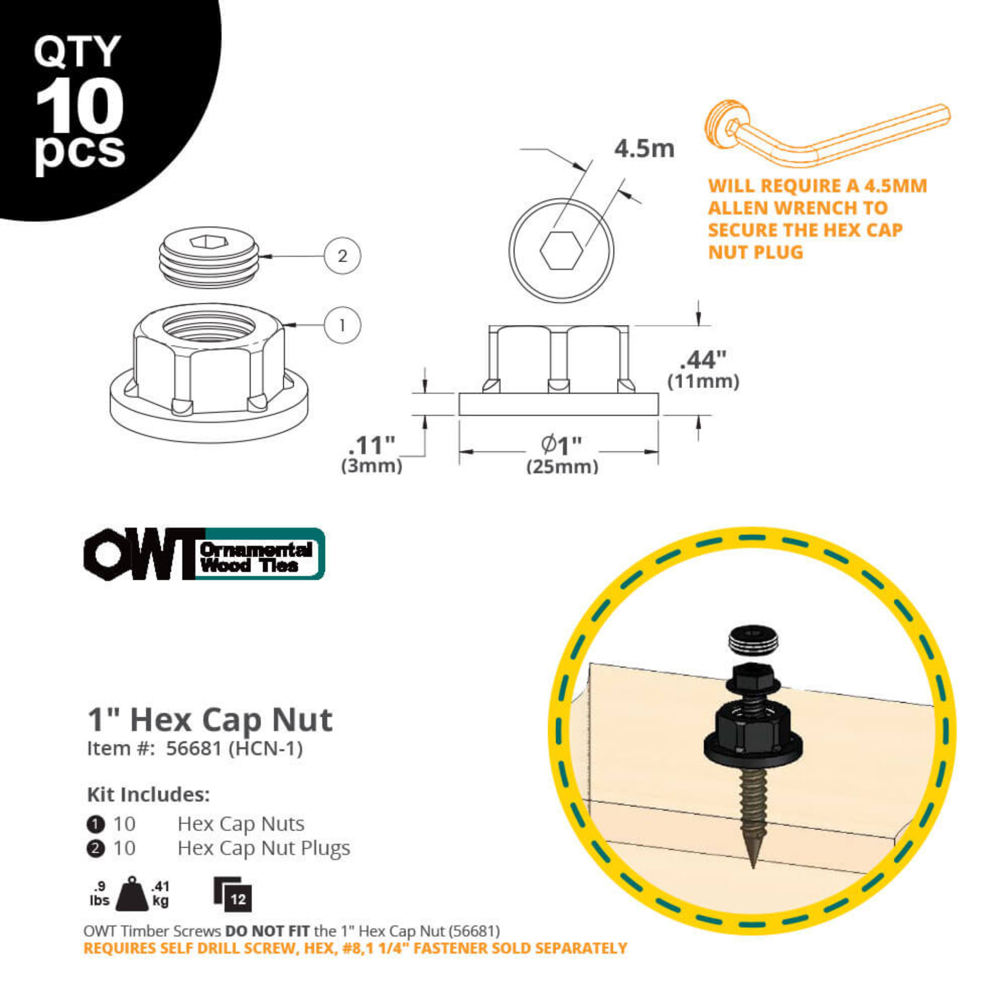 OZCO 1 inch hex cap nut installation reference and fastening diagram