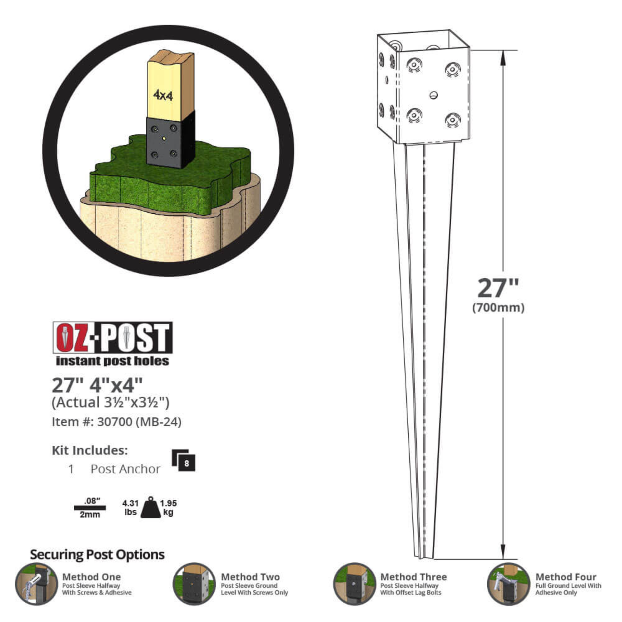 OZ-POST instant post hole kit with dimensions and features on a white background
