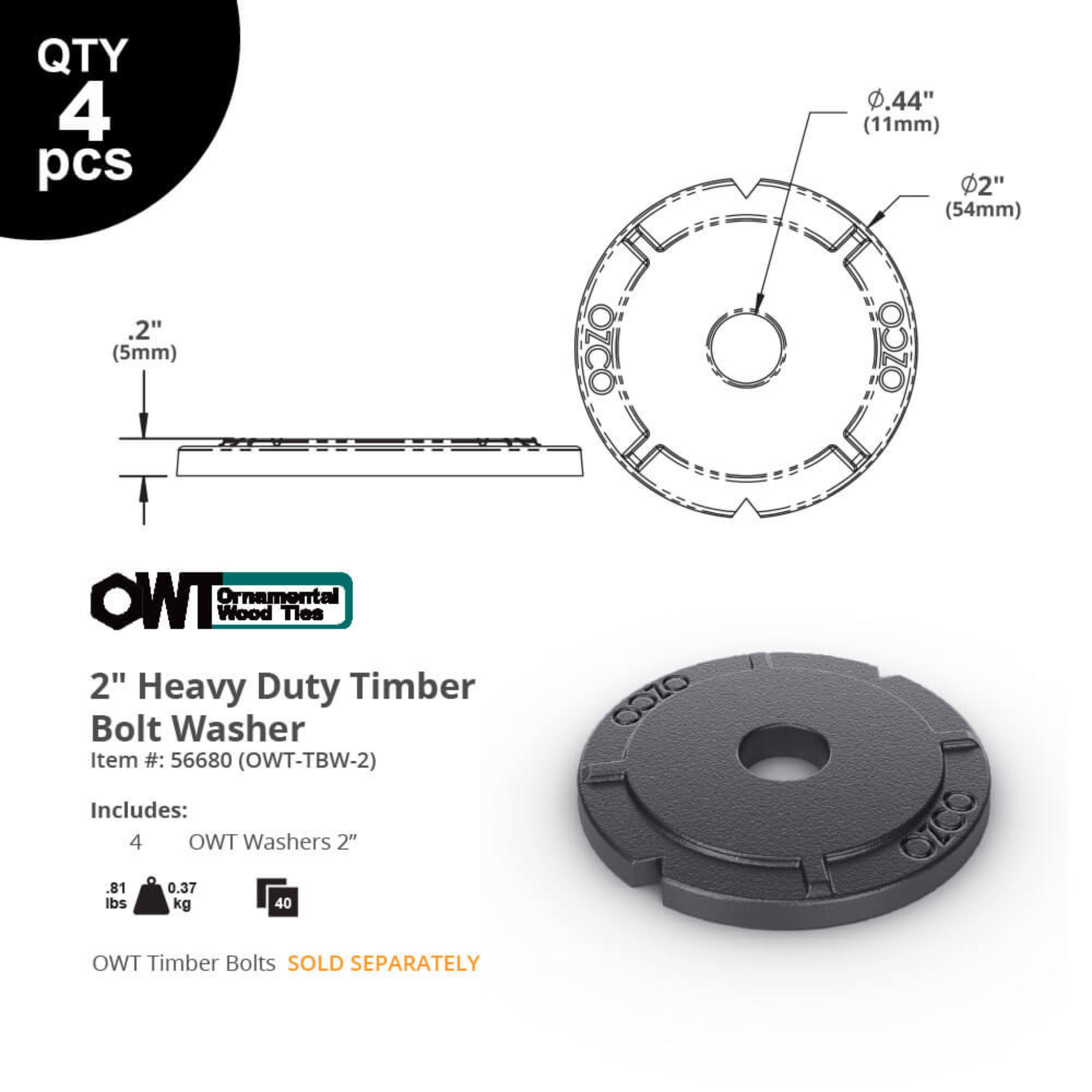OZCO 2 inch heavy-duty timber bolt washer dimensions and load distribution diagram