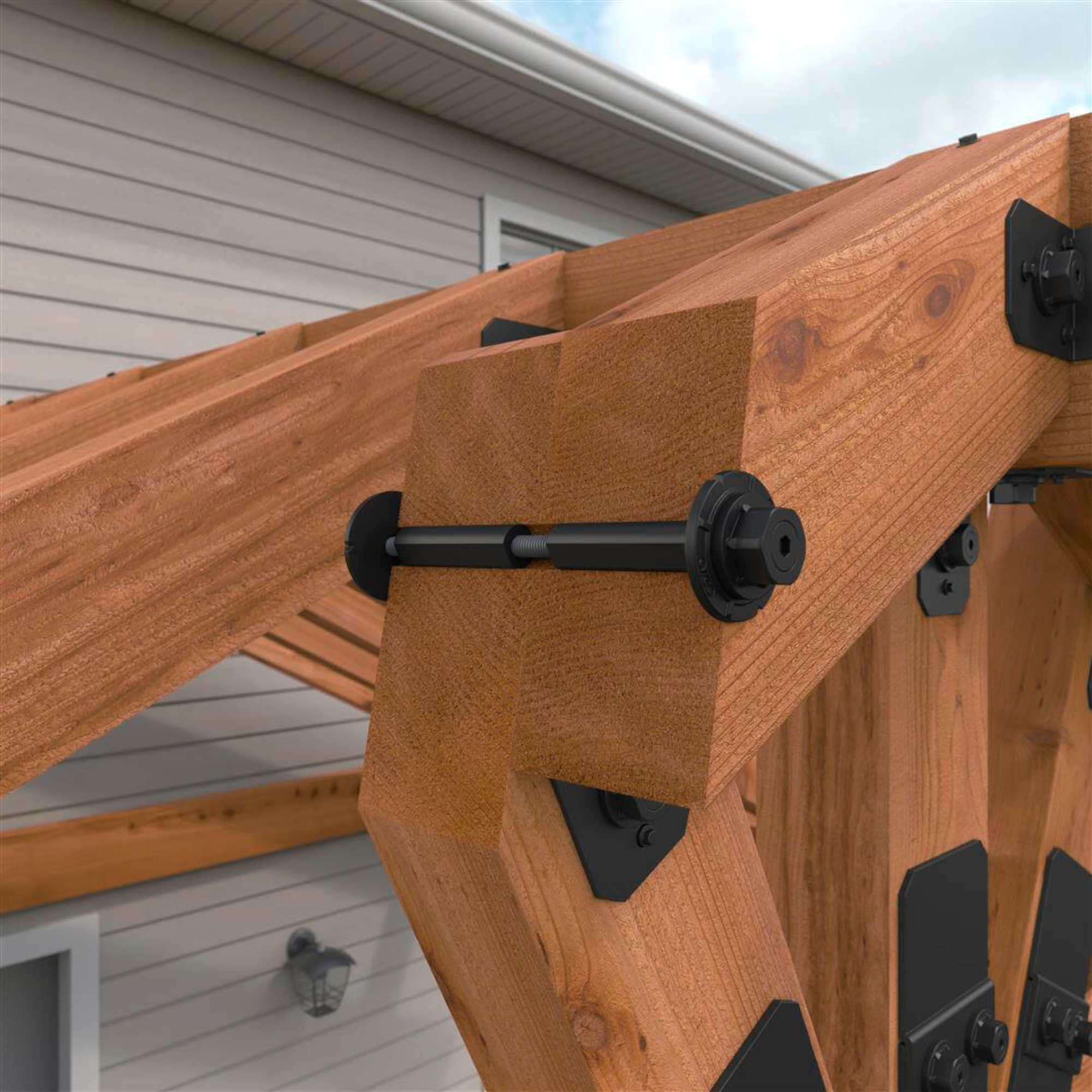 OZCO heavy-duty timber bolt washer installed on exposed wood beam connection