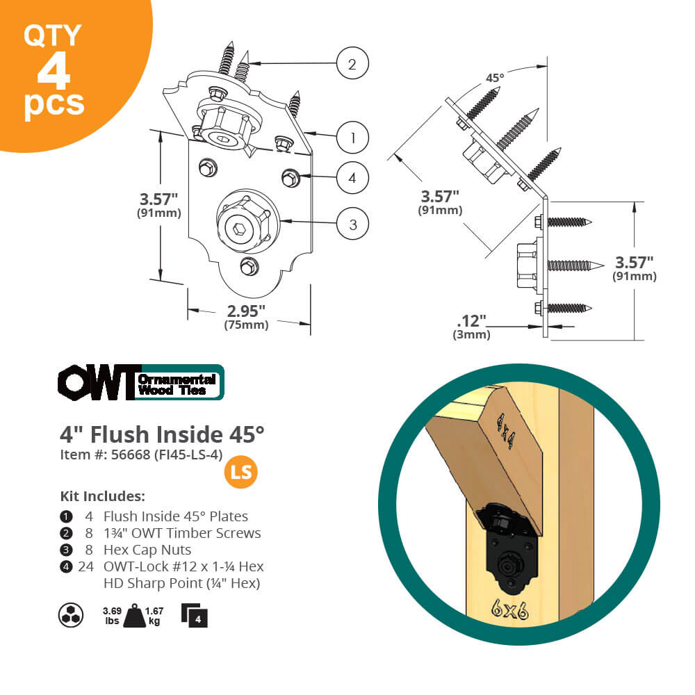 OZCO Laredo Sunset 4" Flush Inside 45° Angle Bracket