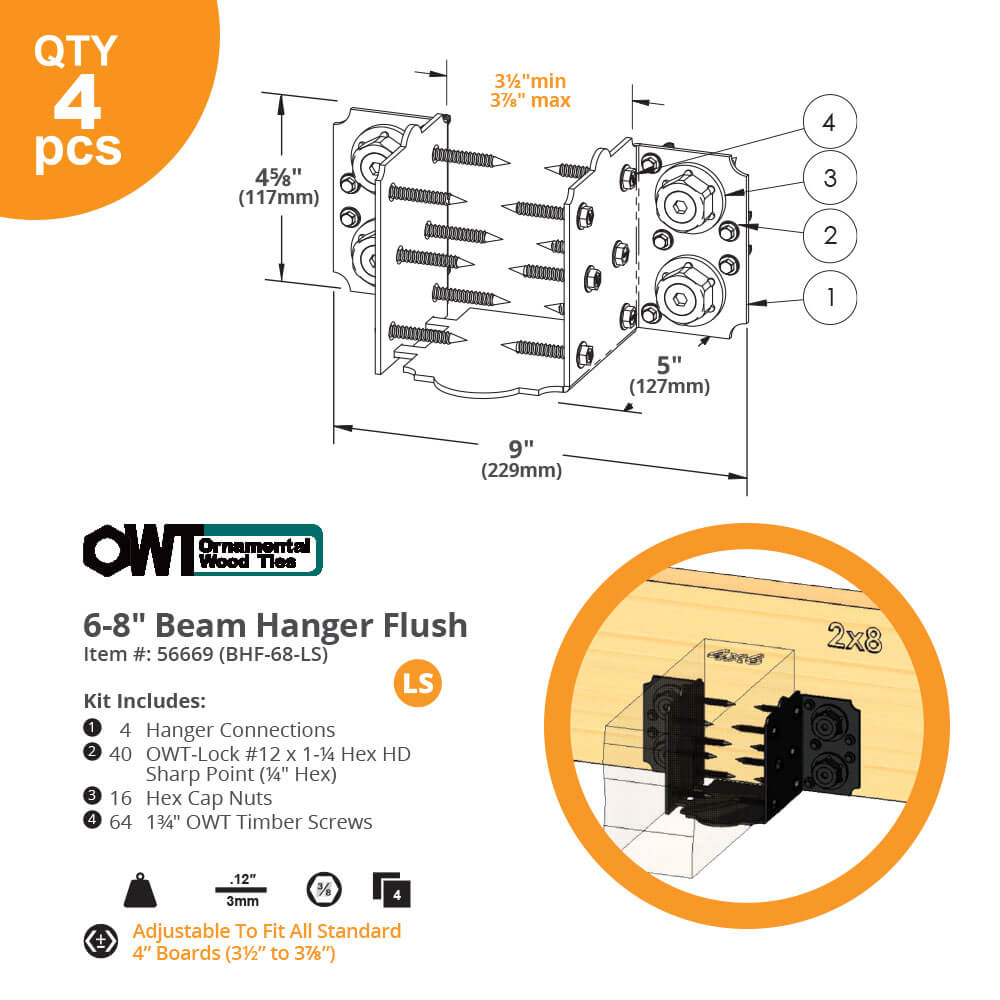 OZCO Laredo Sunset 6"–8" Beam Hanger – Flush Connector