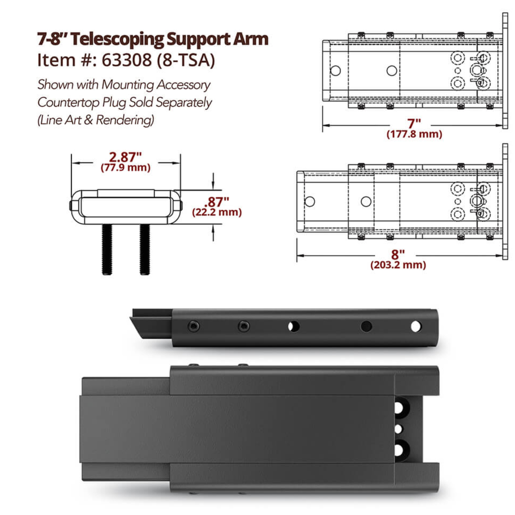 Close-up of OZCO 7–8 inch telescoping support arm mounting points