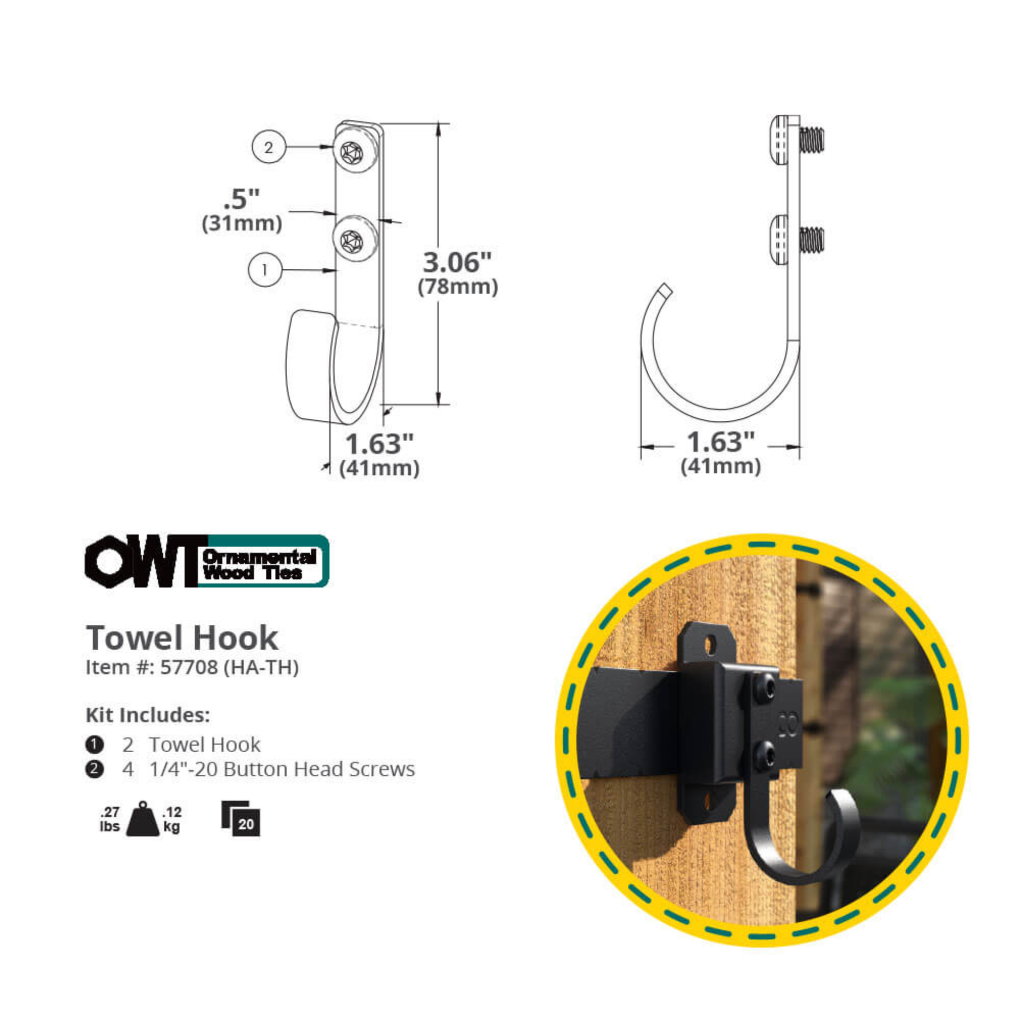 OZCO Hanger Accent – Towel Hook - 2 pcs