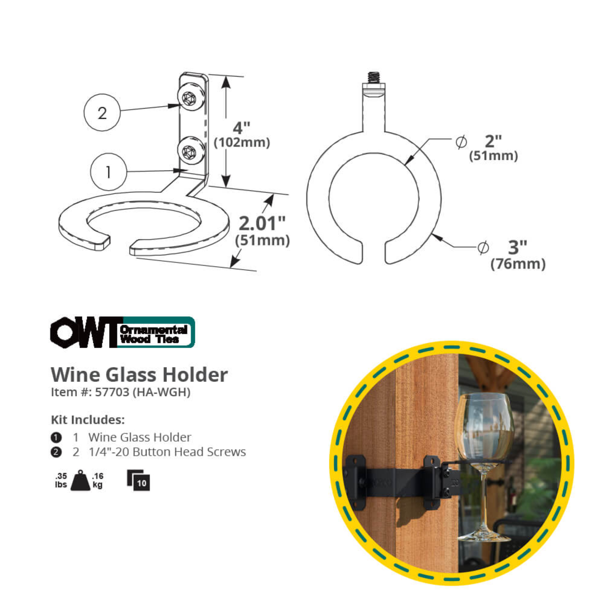 OZCO Hanger Accent – Wine Glass Holder - 2 pcs
