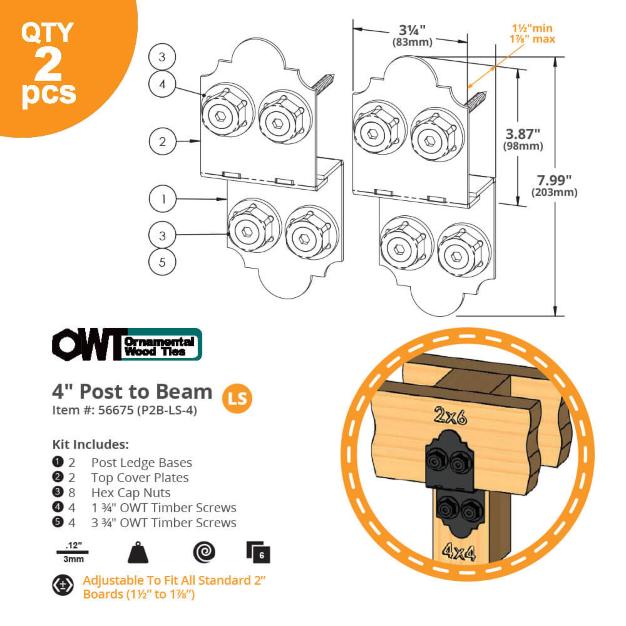 OZCO Laredo Sunset 4-inch post to beam connector with mounting hardware, black steel