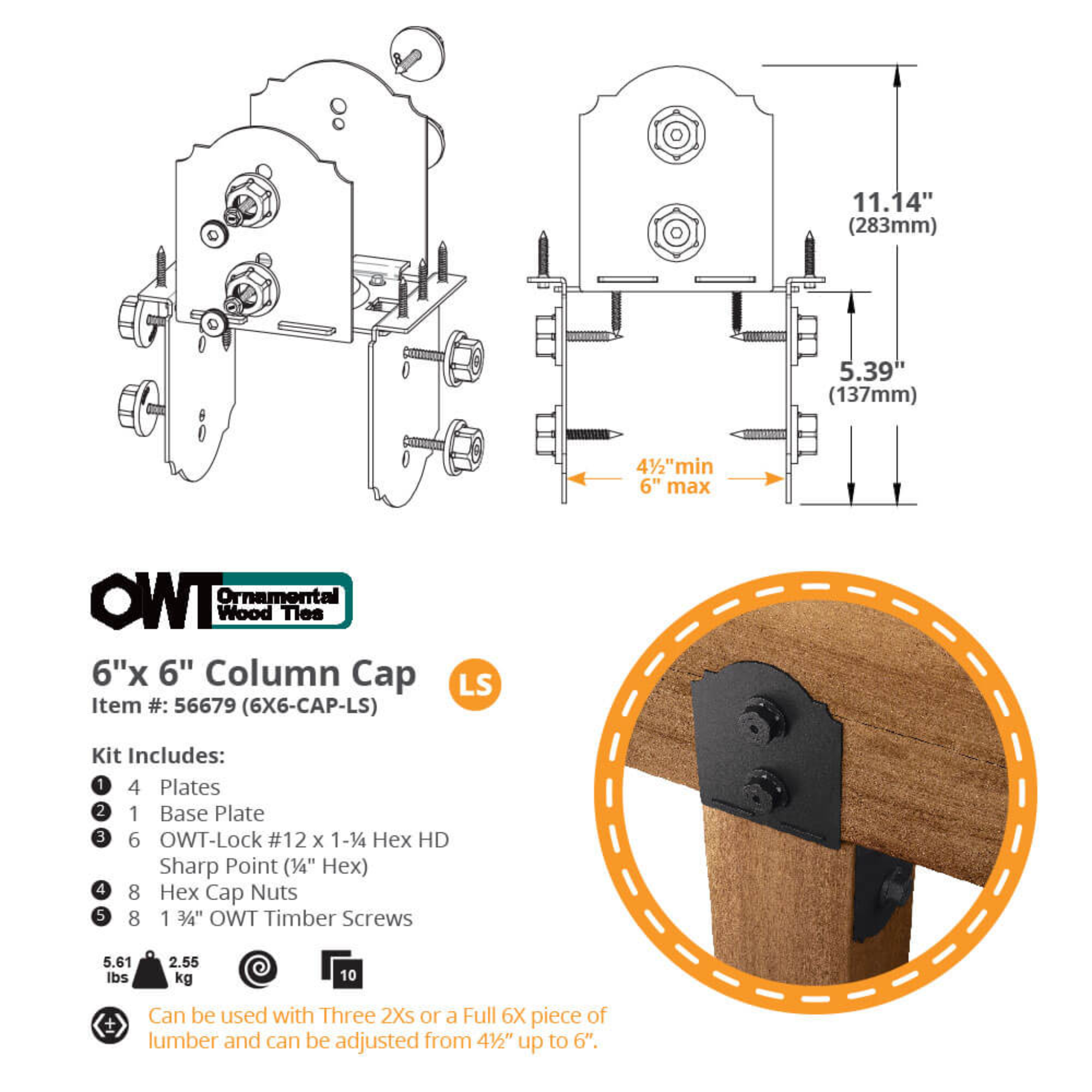 OZCO Laredo Sunset 6x6 post cap dimensions and installation reference diagram