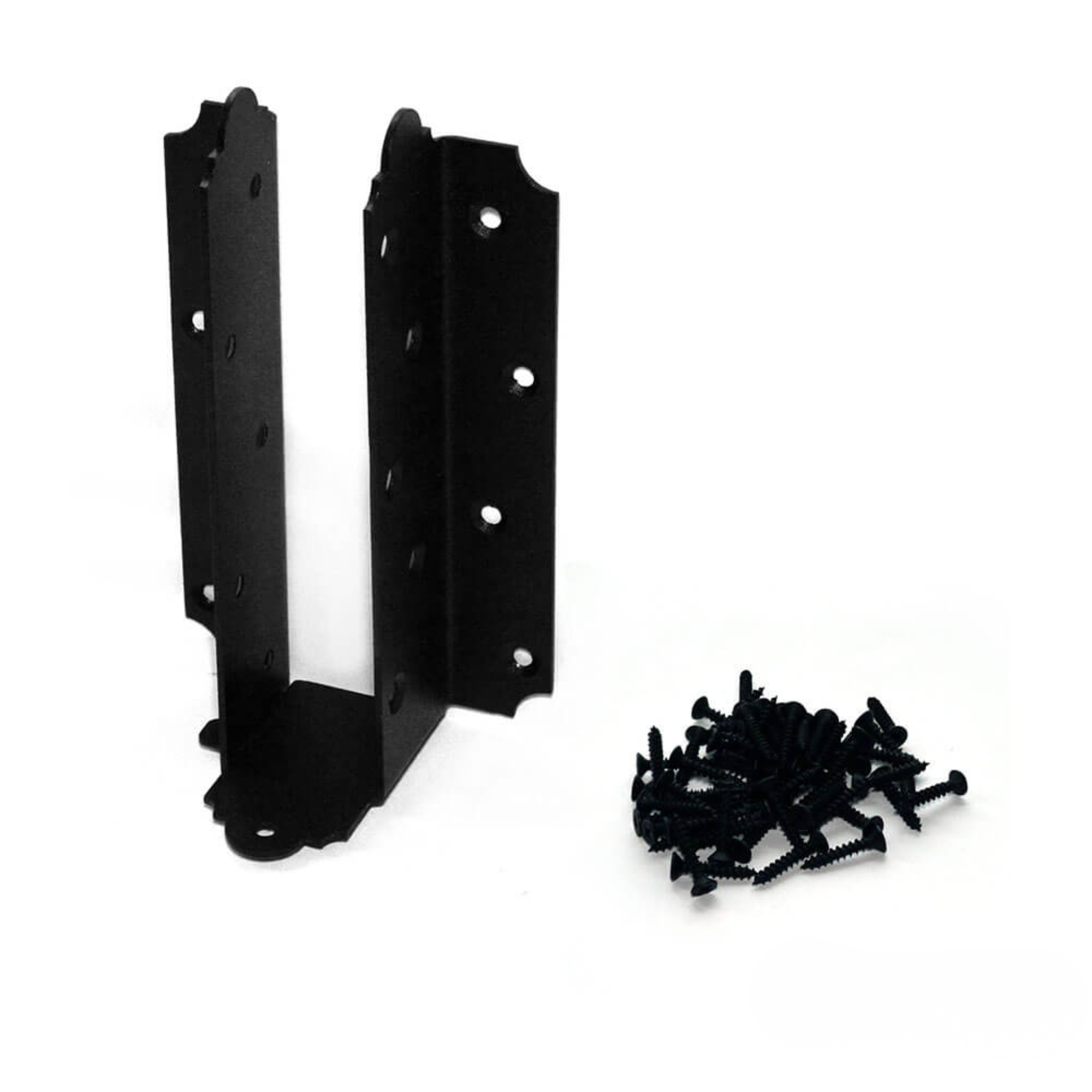 Black steel OZCO Laredo Sunset flush joist hanger for 8 to 10 inch lumber, shown with mounting screws on a white background.