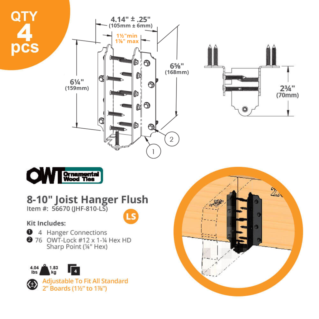 Technical diagram of the OZCO Laredo Sunset 8–10 inch flush joist hanger showing dimensions, fastener locations, and load details.