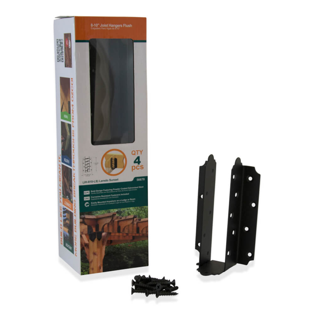 Retail packaging for OZCO Laredo Sunset 8–10 inch flush joist hanger, including product branding and installation information