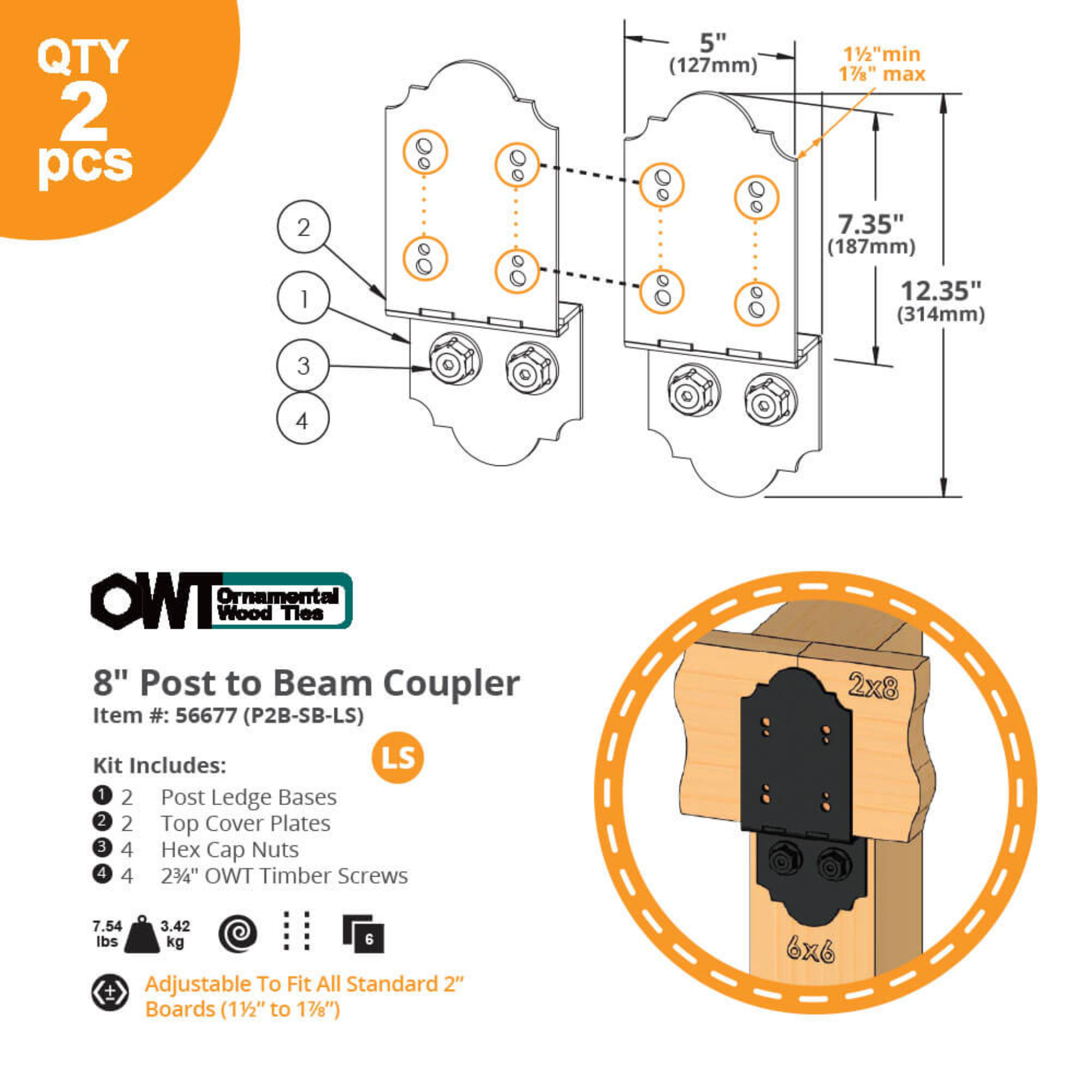 OZCO Laredo Sunset post to beam coupler technical drawing with dimensions