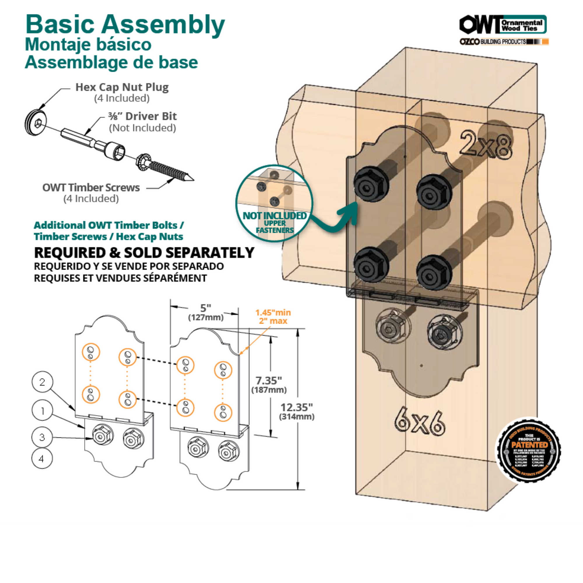 Diagram showing installation of OZCO Laredo Sunset post to beam coupler on wood post and beam