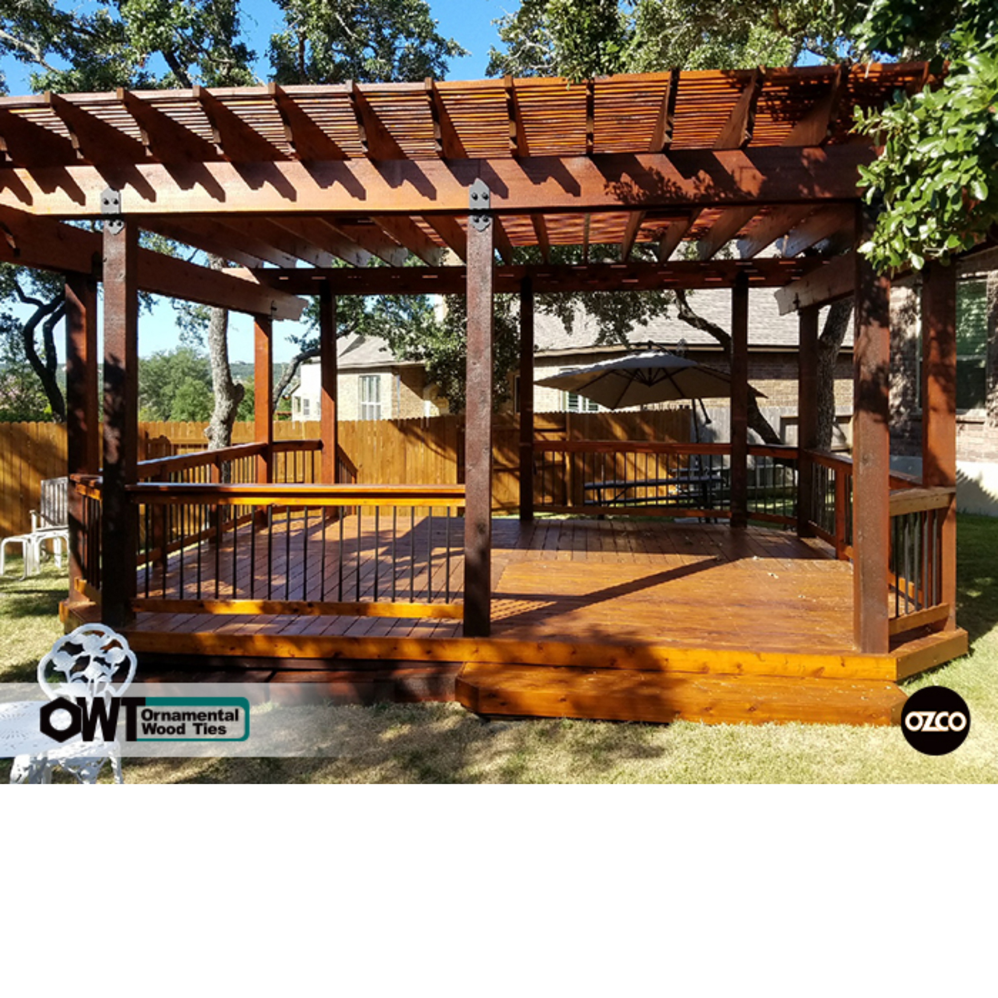 OZCO Laredo Sunset post to beam coupler installed on outdoor pergola structure