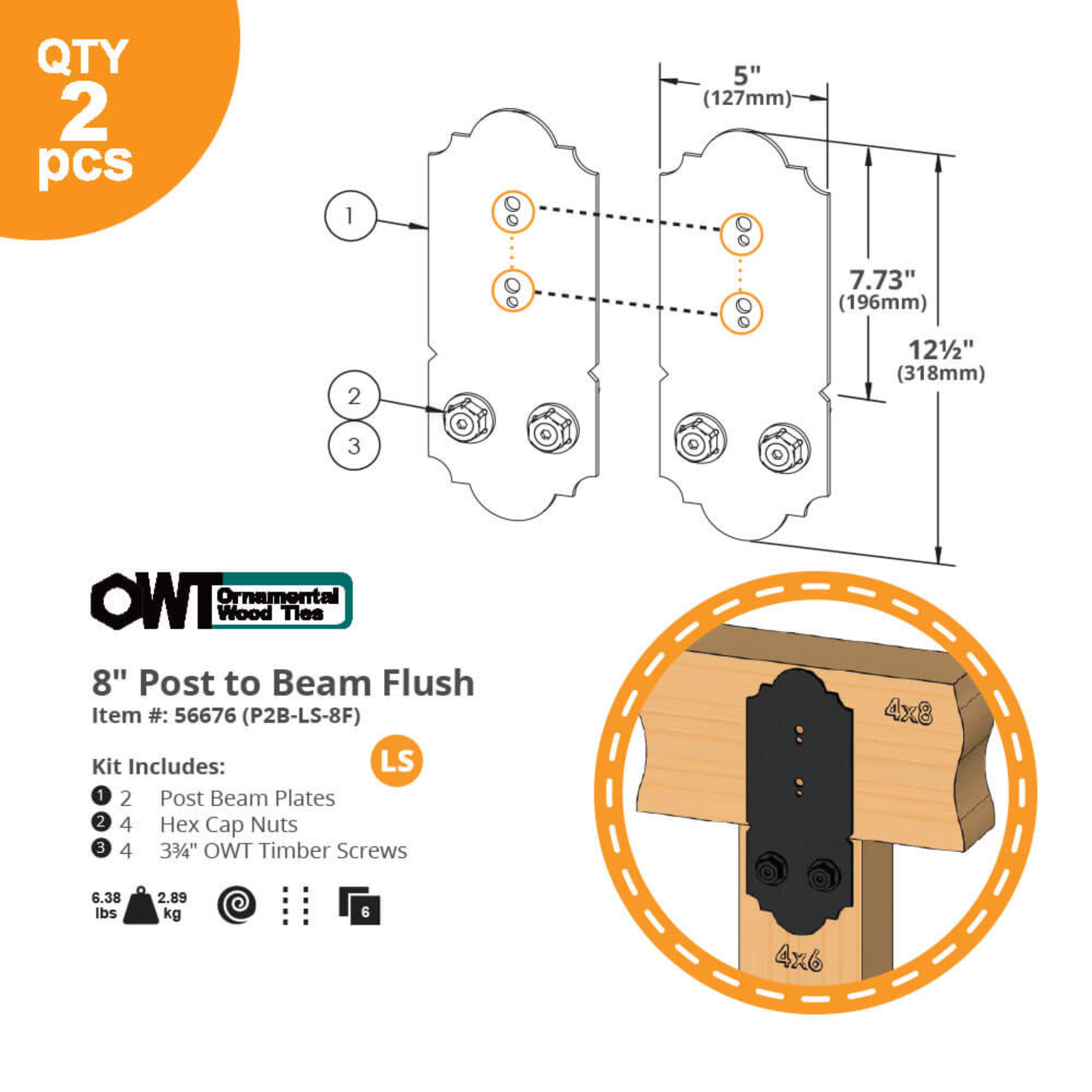 OZCO Laredo Sunset post to beam flush connector installation diagram with dimensions