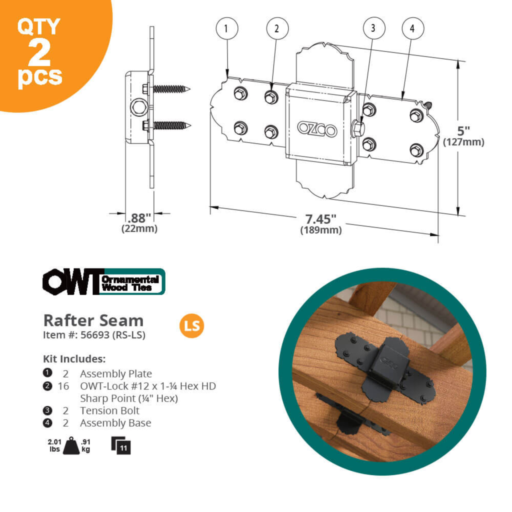 OZCO Laredo Sunset rafter seam connector dimensions and installation diagram