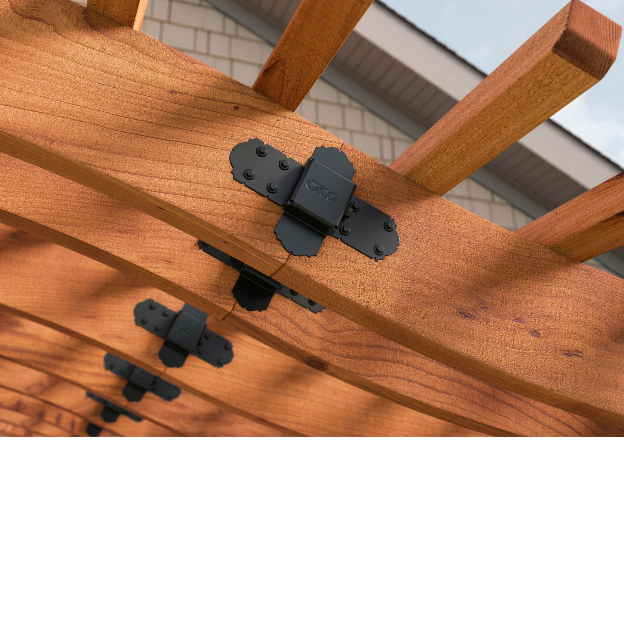OZCO Laredo Sunset rafter seam connectors used on outdoor pergola roof structure
